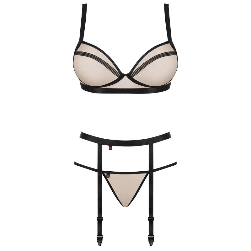 Set Lenjerie Trei Piese, Obsessive - Nudelia, Portjartier Inclus, S/M Nude/Negru