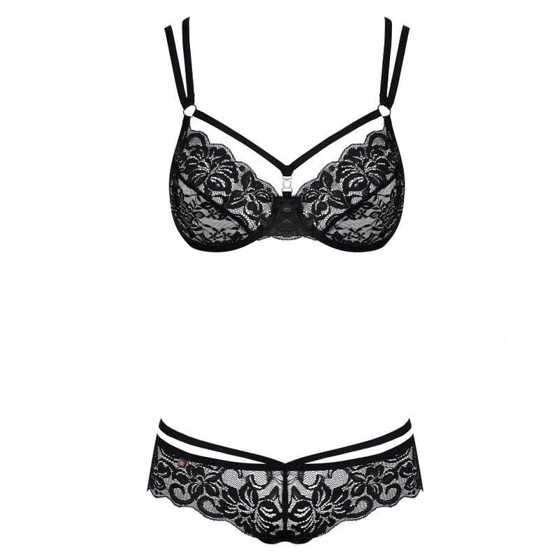 Set Doua Piese, Obsessive - 860, Dantela cu Model de Trandafiri, S/M Negru