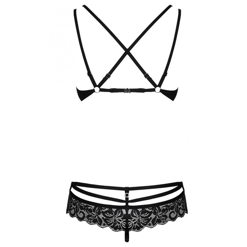 Set Doua Piese, Obsessive - 860, Dantela cu Model de Trandafiri, S/M Negru