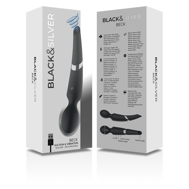 Vibrator Reincarcabil din Silicon, Black&Silver - Beck, Vibratii si Suctiune, Negru