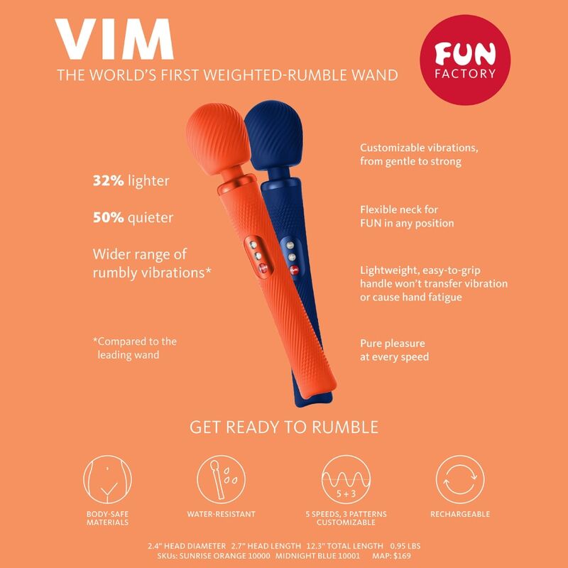 Bagheta Vibratoare, Fun Factory - Vim, Motor cu Greutate, Albastru Inchis