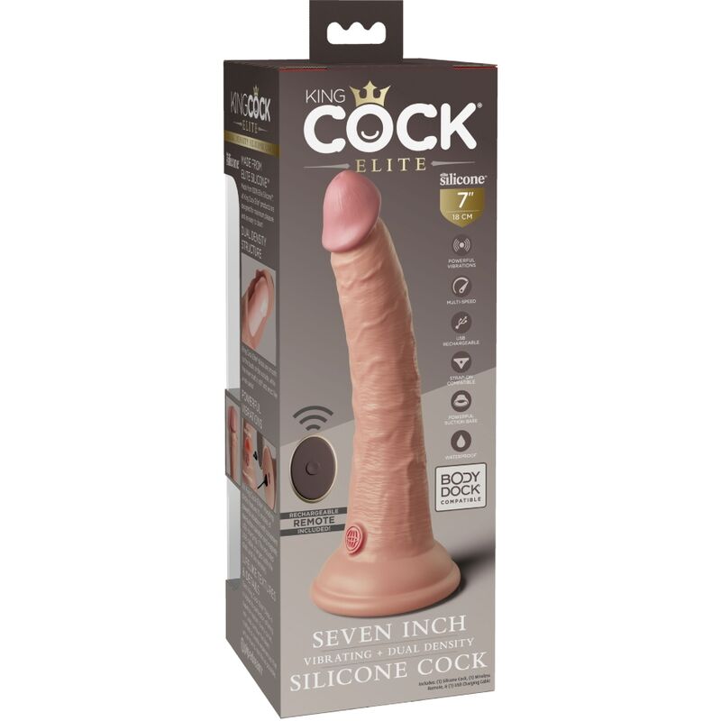 Dildo Vibrator, King Cock - Elite, Realistic din Silicon cu Telecomanda, 17.8 CM