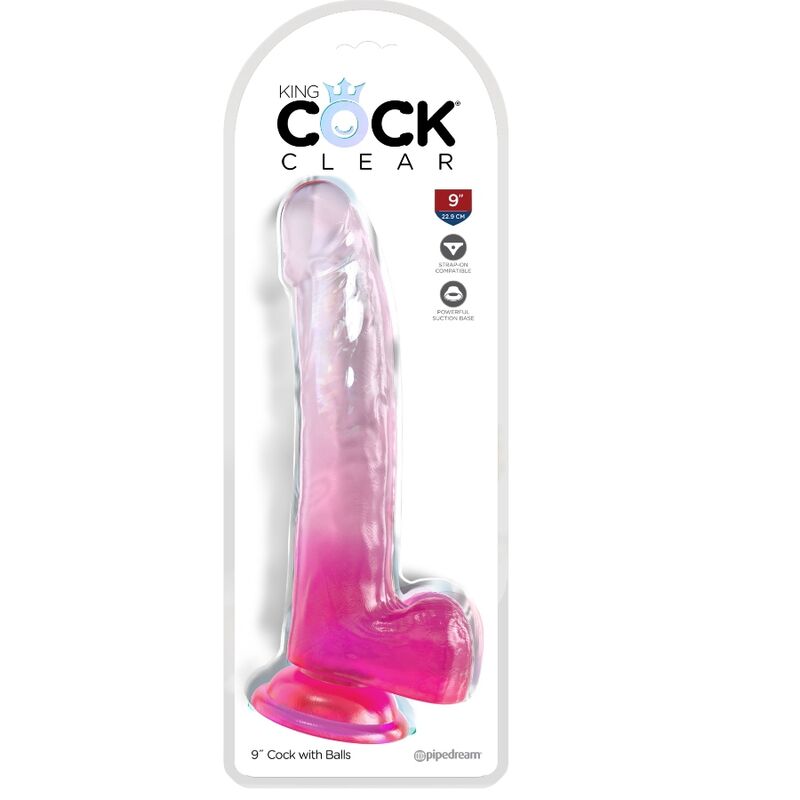 Dildo, King Cock - Clear, cu Testicule, 20.3 CM Roz