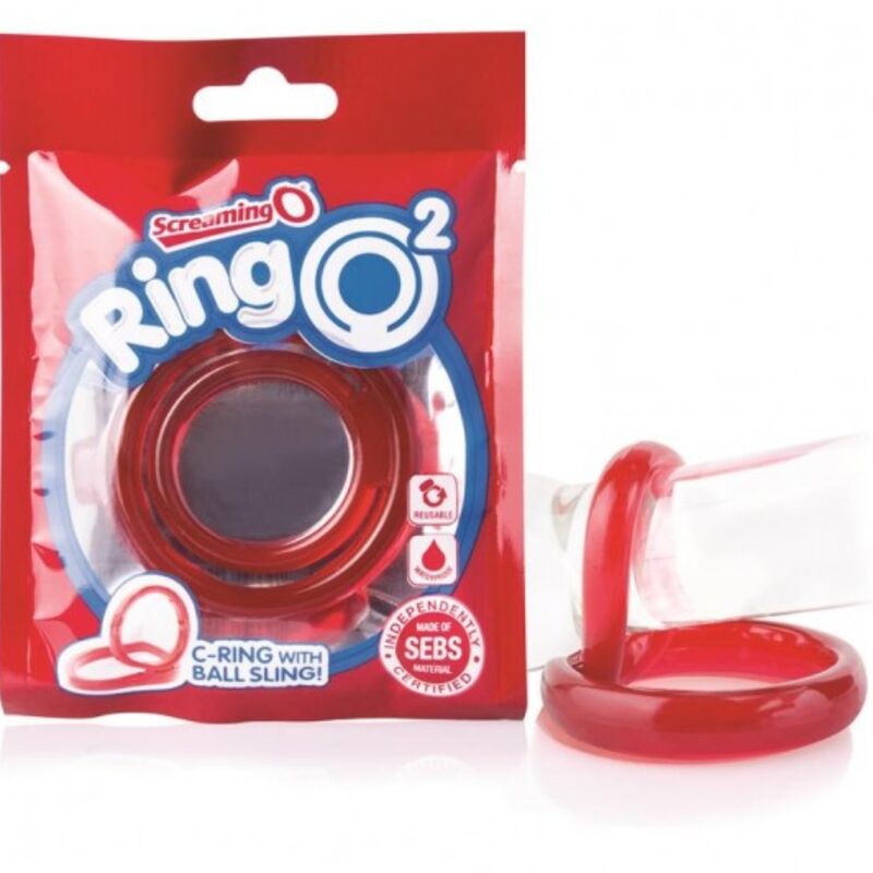 Inel Penis, Screaming O - RingO 2, Dublu cu Suport pentru Testicule, Rosu