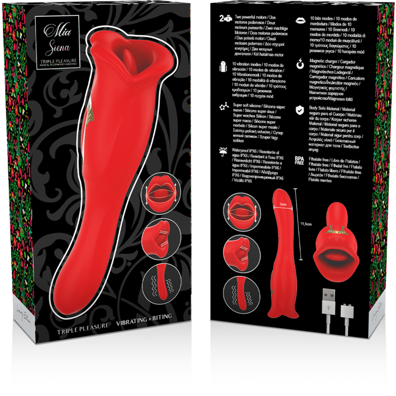 Vibrator, Mia - Siena Triple Pleasure Vibrating + Biting, 2 Motoare Puternice, Rosu