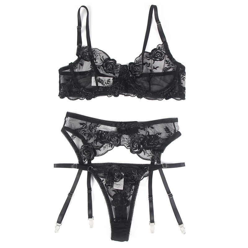 Set Lenjerie, Subblime, 3 Piese Sutien + Chilot + Portjartier cu Imprimeu Floral, Negru S/M
