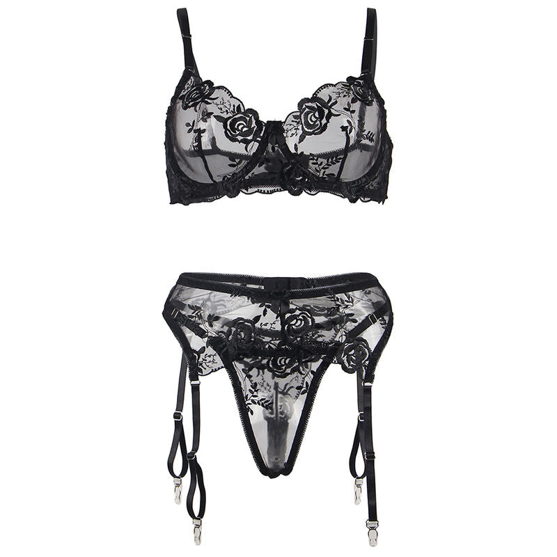 Set Lenjerie, Subblime, 3 Piese Sutien + Chilot + Portjartier cu Imprimeu Floral, Negru S/M