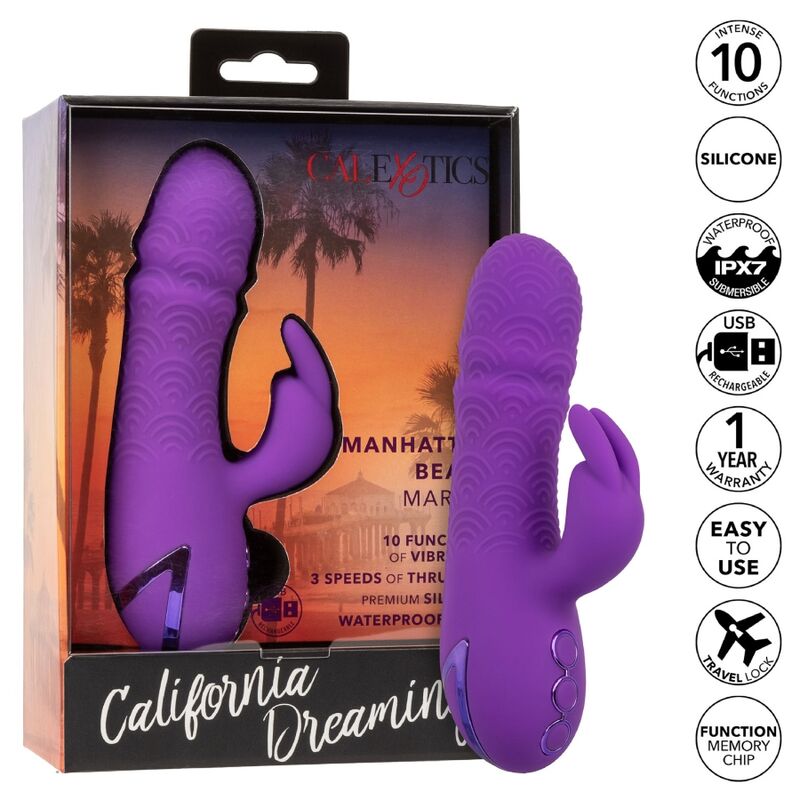 Vibrator Rabbit, CalExotics - California Dreaming Manhattan Beach Marvel, Stimulator Dual cu Vibratii si Impingere, Mov