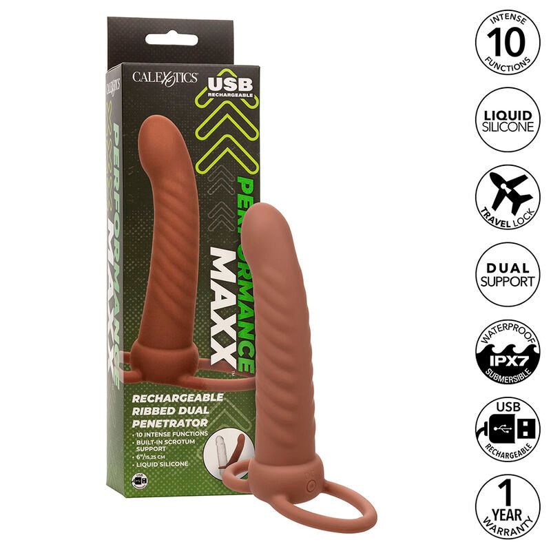 Strap On Dual, Calexotics - Maxx Ribbed Dual Penetrator, 10 Vibratii, Maro