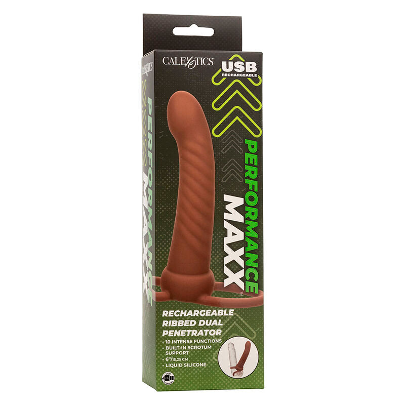 Strap On Dual, Calexotics - Maxx Ribbed Dual Penetrator, 10 Vibratii, Maro