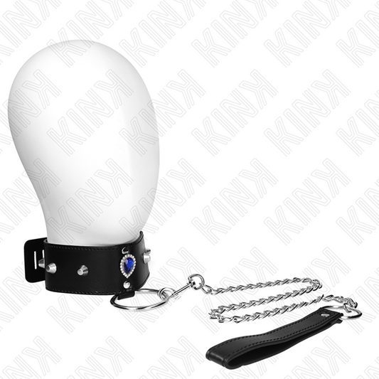 Zgarda BDSM cu Lesa, KINK - Diamante Albastre, Reglabila 36-43 cm, 5 cm Latime, Lesa 65 cm