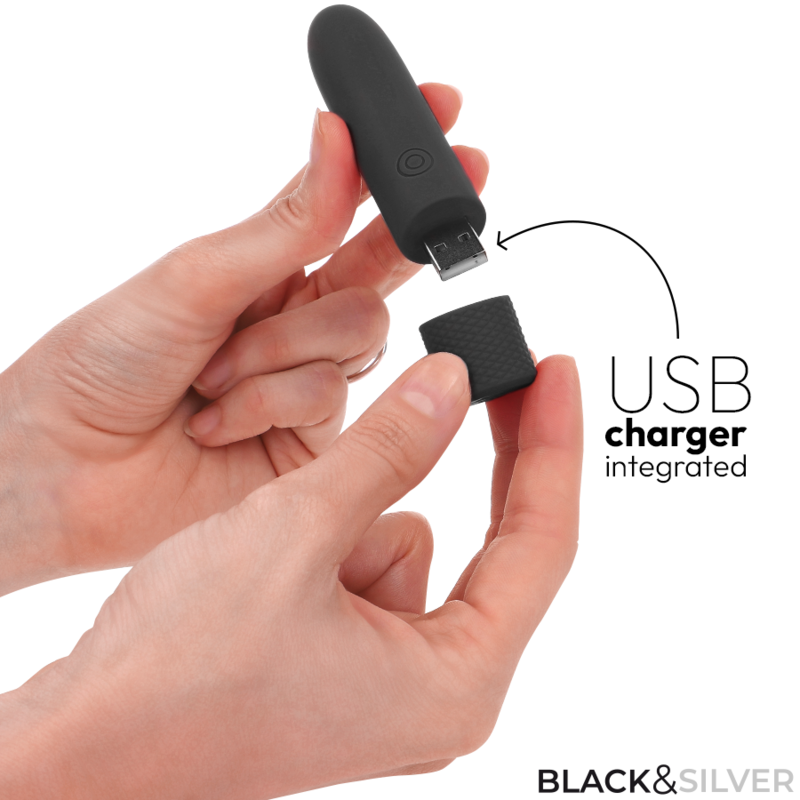 Vibrator Bullet, Black&Silver - Geri, Reincarcabil USB 8 Vibratii, Negru 10 X 2.2 CM