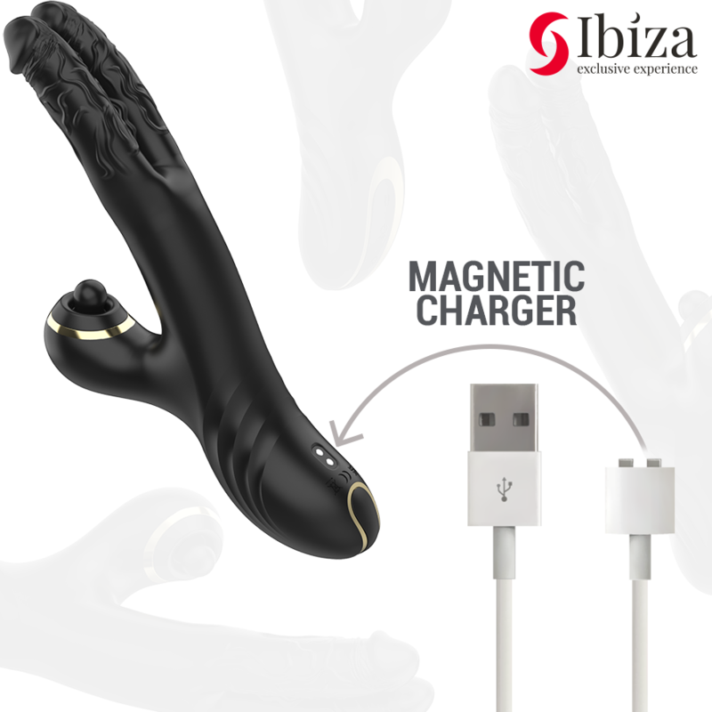 Vibrator Dublu, Ibiza - Two Dragons, Stimulator Clitoris Integrat, Negru