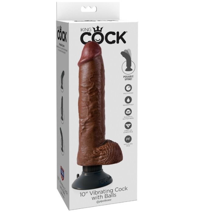 Dildo, King Cock - Vibrantor cu Testicule, Impermeabil, 25.5 CM Maro