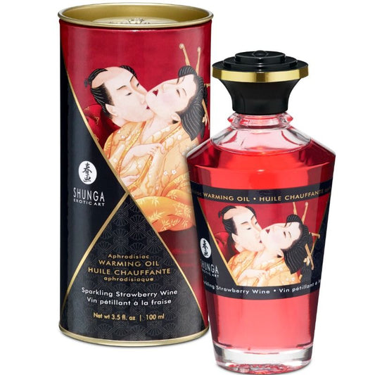 Ulei de Masaj Erotic cu Efect de Caldura, SHUNGA - Aroma Capsuni cu Cava, 100 ml
