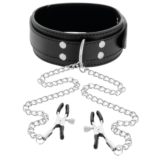 Zgarda cu Cleme pentru Sfarcuri, DARKNESS - Lant Argintiu, Piele PVC, Neagra