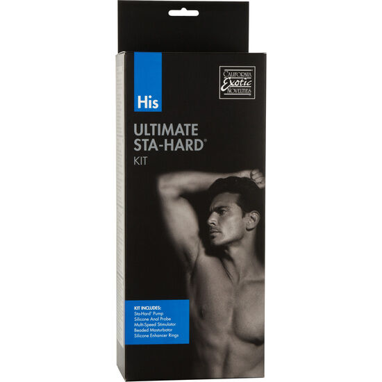 Kit Sexual pentru Barbati, CalExotics - His Ultimate Stay-Hard Kit, Set Complet cu Plug Anal Pompa de Aspiratie si Inele pentru Penis